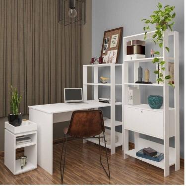 Imagem de Conjunto Sala de Estar Mesa de Apoio Escrivaninha e Estantes 4 Amplas Prateleiras Match Branco