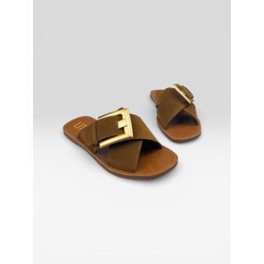 Imagem de Sandália Rasteira Feminina Com Fivela Metal Carvalho/Ouro Fosco - LITT