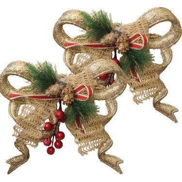 Imagem de Enfeite Pendente Natalino Kit 10 Laço Decorativo de Natal 17CM para Decoração Natalina Dourado