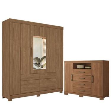 Imagem de Guarda Roupa Casal Guarapuava 6 Portas com Espelho e Cômoda Havana com