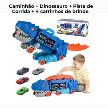 Imagem de Caminhão de Dinossauro Trex Grande com pista e carrinhos de corrida ve