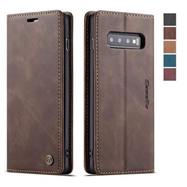Imagem de Capa carteira para Samsung Galaxy S10, capa protetora de couro com suporte magnético com compartimento para identidade e cartão de crédito para Galaxy S10 (café)