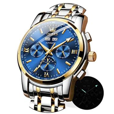 Imagem de OLEVS Relógio de pulso masculino esqueleto, automático, luxuoso, multicalendário, de aço inoxidável, à prova d'água, luminoso, para homens, Dourado, azul, Relógio automático, mecânico