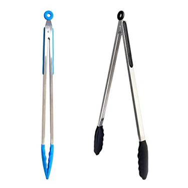 Imagem de UPTALY Pinças de grelha extra longas de 45 cm (1 peça preta, 1 peça azul), pinças de churrasco de aço inoxidável com cabo longo, pegador de comida de tamanho grande, pegador de bife, pegador de servir estendido