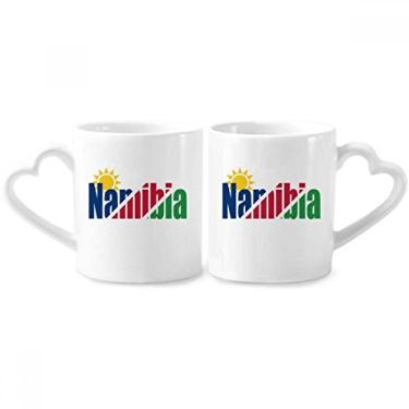 Imagem de Conjunto de canecas de porcelana para casais com nome da bandeira do país da Namíbia com alça de coração