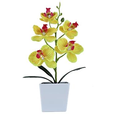 Imagem de Heave Orquídeas artificiais com vaso branco, plantas de orquídeas falsas flores de seda bonsai decoração para mesa de escritório em casa decoração de festa de casamento amarelo