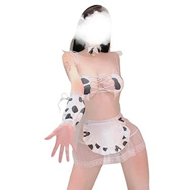 Imagem de SINROYEE Biquíni feminino sexy de vaca cosplay Lolita Maid conjunto de sutiã e calcinha kawaii anime japonês lingerie, Roupa de empregada de vaca #Preta, One Size