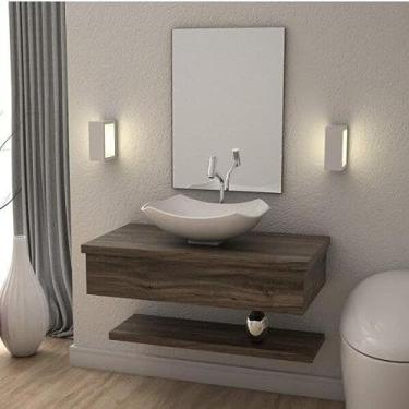 Imagem de Conjunto Bancada para Banheiro com Cuba Abaulada L42 e Prateleira Metrópole 805W Compace Carvalho Dark