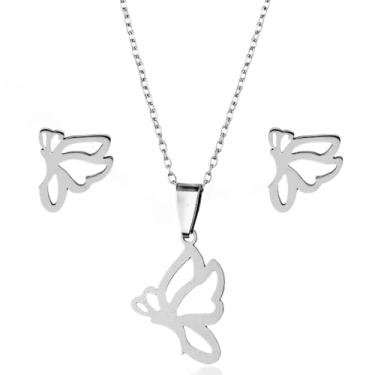 Imagem de Conjunto Brinco Colar Infantil Pingente Borboleta Aço inox 316l Antialérgico