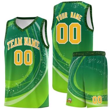 Imagem de Camiseta de basquete personalizada - Número do nome do time personalizado uniforme esportivo para homens mulheres jovens, Verde e amarelo - 27, One Size