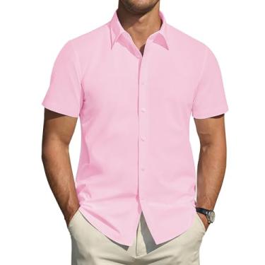 Imagem de J.VER Camisas sociais masculinas de manga curta com proteção contra manchas elásticas camisas casuais com botões camisa formal sólida, Rosa claro, G