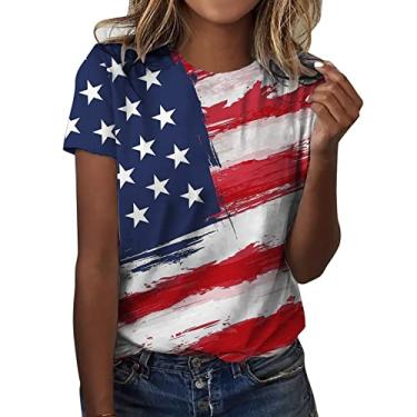 Imagem de Camiseta feminina com bandeira americana patriótica, túnica de manga curta, caimento solto, gola redonda, Memorial Day, 4 de julho, Vermelho, M