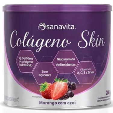 Imagem de Colágeno Skin Para Pele Cabelos e Unhas - Colágeno Em Pó Hidrolisado Skin 200g - Sanavita (Morango com Açaí)