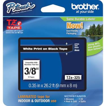 Imagem de Brother Fita P-Touch TZE-325 genuína, fita laminada padrão de 0,9 cm de largura, branca em preto, laminada para uso interno ou externo, resistente à água, 9 mm x 8 m, pacote único, TZE325