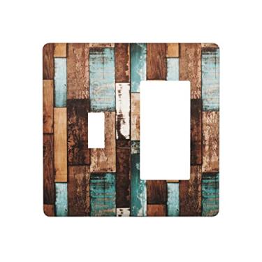 Imagem de Capa de interruptor de luz vintage com combinação de madeira para 2 entradas decorativa placa de parede 1 botão 1 tampa de tomada elétrica basculante prancha rústica, placa frontal azul e marrom para porta de celeiro, casa de fazenda chalé de campo Decora
