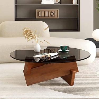 Imagem de Mesa de centro de vidro temperado redonda moderna de meados do século, tampo de mesa de 8 mm de espessura e base de madeira maciça, adequada para sala de estar, quarto e escritório