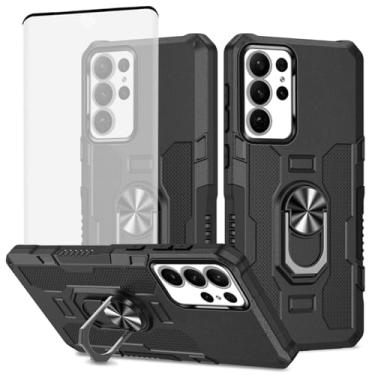 Imagem de Ueokeird Capa para Galaxy S22 Ultra/Samsung S22 Ultra 5G SM-S908U com protetor de tela de vidro temperado, anel de metal resistente, suporte magnético, capa para celular para Samsung Galaxy S22 Ultra