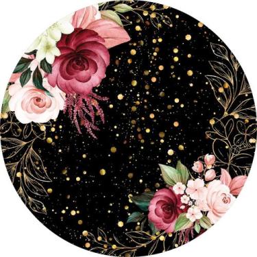 Imagem de Painel De Festa Redondo 1,50x1,50 - Fundo Preto Flores Efeito Brilhos 