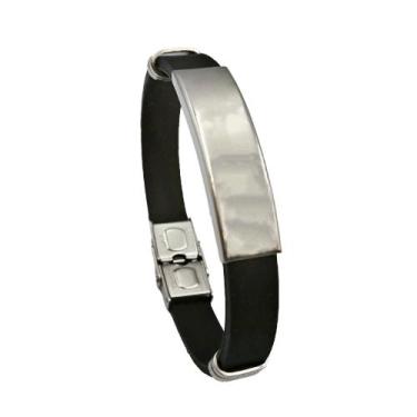Imagem de Pulseira Borracha  Masculina Bracelete Placa Lisa Aço Inox Resistente 