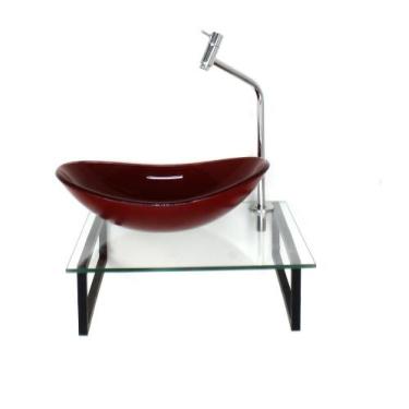 Imagem de Kit cuba de vidro oval 10mm vermelho cereja tampo 40cm incolor com sup