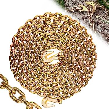 Imagem de SENKEYFE Corrente de fichário de transporte G80-5/16×20 pés Corrente resistente com ganchos de garra 2.222 kg Resistência à ruptura Reboque de elevação de corrente de segurança Equipamento de caminhão de reboque para acopladores pescoço de ganso