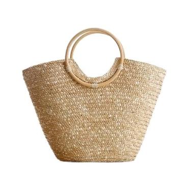 Imagem de Bolsa Grande Tipo Cesta com Alça Madeira Artesanal Praia Piscina (Palha)