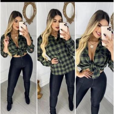 Imagem de Blusa Xadrez Flanelada Sem Capuz Verde Com Preto Camiseta Feminina Cam