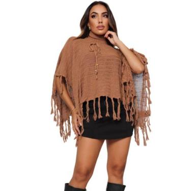 Imagem de Poncho Tricot Franja Gola Alta Blusa Feminino Túnica - anna, Caramelo,