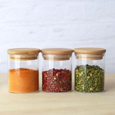 Imagem de Kit 3 Pcs Pote De Vidro Com Tampa De Bambu Hermético 200ml - WELLMIX