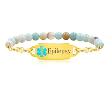Imagem de Vivaday Pulseira de identificação médica personalizada requintada com pedras de amazonita natural e etiqueta de aço inoxidável, pulseira de alerta médico intercambiável para mulheres, Medium, Aço