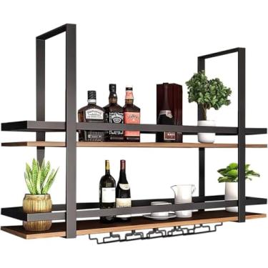 Imagem de Prateleira de teto - Suporte de copo de vinho pendurado no teto de 2 níveis, rack de armazenamento para pendurar na cozinha, suporte de vidro de vinho de madeira maciça montado na parede com trilhos