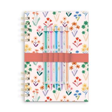 Imagem de Conjunto de caderno e caneta – Caderno Harper de capa dura em espiral dividida com 192 páginas forradas, 5 canetas de gel coloridas, papel sem ácido 100 GSM, tiras elásticas para 5 canetas, 14,6 cm x