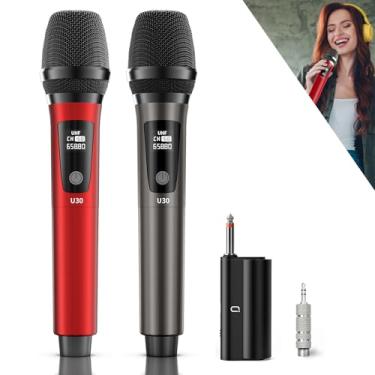 Imagem de JYX Microfones Sem Fio, Microfone Dinâmico de Mão UHF Duplo com Receptor, Saída 6,35mm (1/4"), Adaptador 3,5mm (1/8"), Alcance de 160 pés, Microfones Metálicos Recarregáveis para Karaokê, Festa, Aula