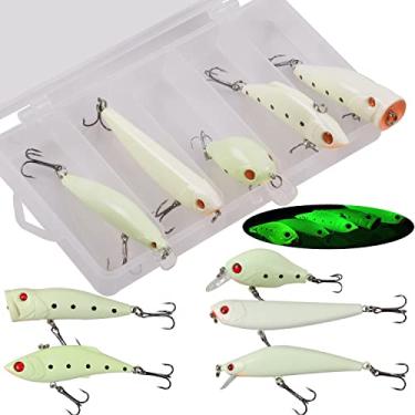 Imagem de Kit de isca de pesca rígida luminosa, 5 peças, iscas artificiais Minnow Crank Popper Pencil VIB com ganchos agudos que brilham na noite para robalo bagre