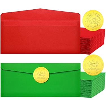 Imagem de 200 Pçs Envelope Colorido de Natal Autoadesivo Número 10 Envelopes com 200 Pçs Adesivo Folha de Ouro em Relevo Festivo Vermelho Verde Envelopes Feliz Natal Selos de Envelope para Suprimentos de Presente de Correio