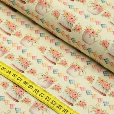 Imagem de Tecido Estampado Para Patchwork - Costura Retrô : Blocos e Flores (0,5