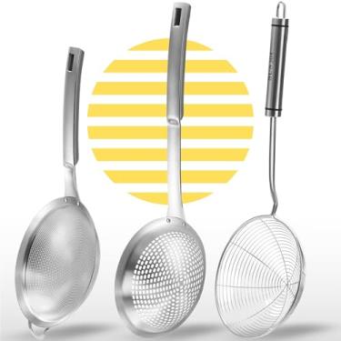 Imagem de Conjunto de colher de escumadeira de aranha com 3 peças — Escumadeira de arame de concha com alça para cozinha com orifícios grandes Escorredor com fenda colher de fritura de malha fina peneira de aço