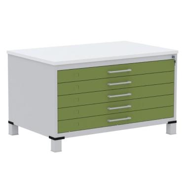 Imagem de Mapoteca 5 Gavetas Pandin 120 Cm (larg) Inmetro Tampo Mdp Branco Estrutura Aço Cinza Gavetas Verdes
