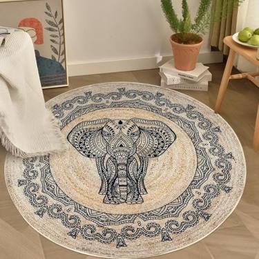 Imagem de Lacomfy Boho Tapete redondo elefante quarto círculo fazenda sala de estar tapete antiderrapante para sala de jantar tapete antiderrapante tapete lavável para quarto de crianças decoração de casa