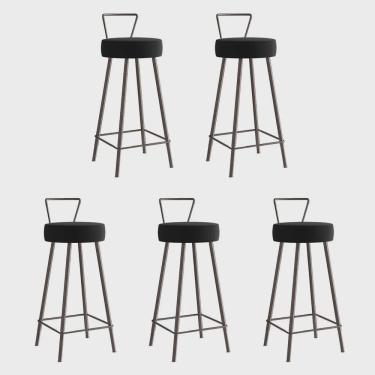 Imagem de Kit 05 Banqueta Alta Com Encosto Tais Eiffel Cozinha Bar Bistrô Ferro Marrom Sintético Preto - Ahz Móveis