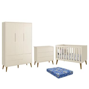Imagem de Dormitório Infantil Theo Retrô 3 Portas, Cômoda, Berço com Pés Amadeirado e Colchão - Reller Móveis Areia Fosco