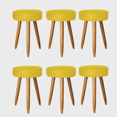Imagem de Kit 06 Banqueta Alta Julia 50cm Bar Cozinha Balcão Bistrô Pé Palito Carvalho Tecido Sintético Amarelo - Ahz Móveis