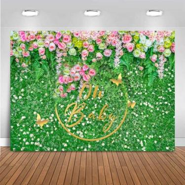 Imagem de Aidatain Pano de fundo de folhas de chá de bebê de 2,7 x 1,8 m, para menina ou menino, floral, vegetação, pano de fundo neutro para fotografia, recém-nascidos, revelação de gênero, decorações de festa