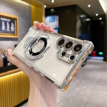 Imagem de HPQWN Capa magnética de carregamento sem fio para Galaxy S22 FE, capa de lente de vidro rígido à prova de choque (para Galaxy S22 FE/prata)