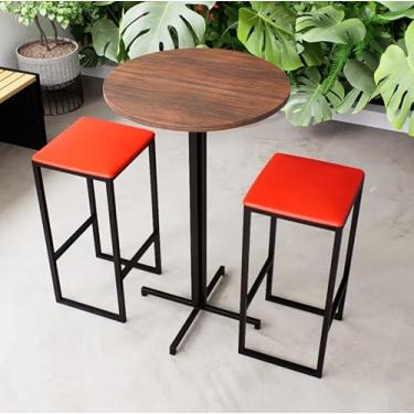 Imagem de Conjunto Mesa Alta Bar Bistrô Redonda Imbuia 2 Bancos Estofado Industrial Black (Vermelho)