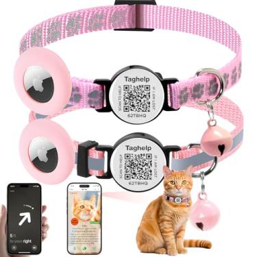 Imagem de Pacote com 2 coleiras Airtag para gatos com sino, coleira reflexiva para gatos com Airtag Apple com código QR, fivela de segurança para meninas, meninos, gatos, suprimentos para animais de estimação