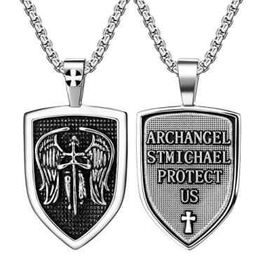 Imagem de Rofusn Colar de escudo de São Miguel Arcanjo: Medalha masculina punk prata aço inoxidável proteção religiosa pingente amuleto joias presentes para aniversário de Páscoa, Aço inoxidável, Sem Pedra