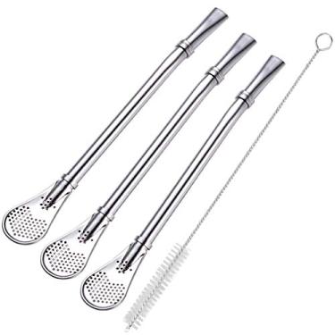 Imagem de Colheres de Chá Yerba Mate Bombilla Palha Dringking Aço Inoxidável com Escova de Limpeza, Silver 3 + 1
