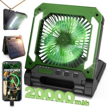 Imagem de Ventilador de acampamento solar recarregável de 20000 mAh com lanterna LED, ventilador portátil alimentado por bateria sem fio de 3 velocidades com PowerBank, temporizador e gancho de pendurar,