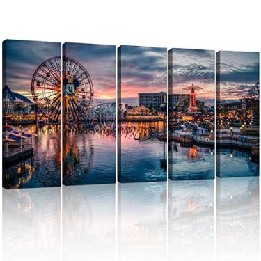 Imagem de YOOOAHU 5 peças de arte de parede com impressão em tela grande da Disneylândia ao anoitecer Mickey Ferris Wheel Imagens modernas de escritório e decoração de casa Arte para sala de estar e cozinha Prontas para pendurar - Painéis 30 cm x 81 cm x 12 cm